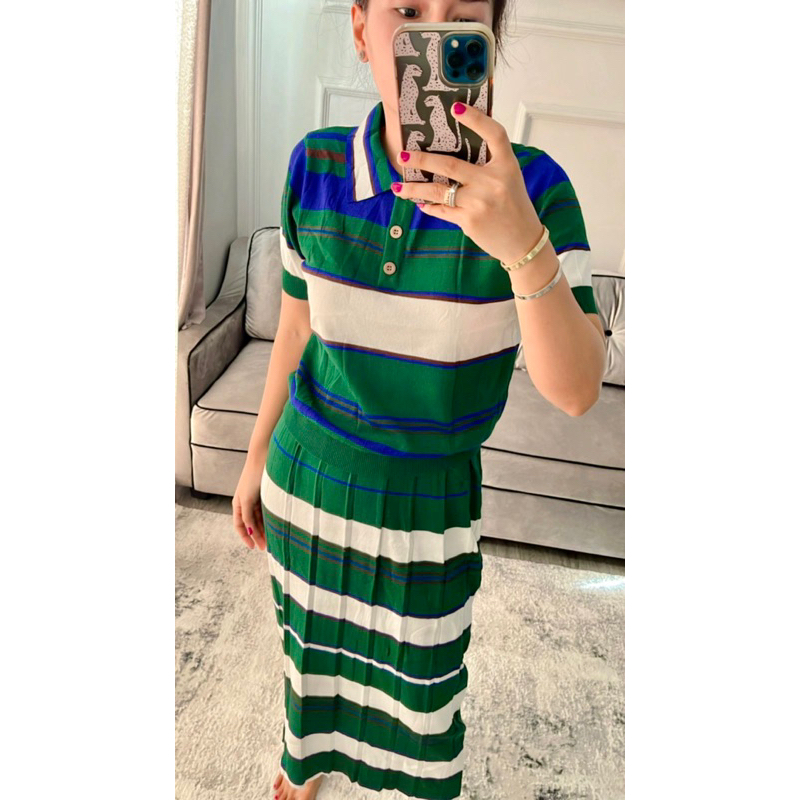 ONE SET ATASAN RAJUT ROK MOTIF GARIS WANITA LENGAN PENDEK STRECH IMPORT