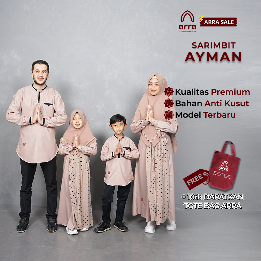 Arra Ayman Sarimbit Set Keluarga (Koko, Gamis, Kerudung) Warna Choco Fashion Muslim Dewasa Anak Bahan Ceruty Baby Doll Size XS S M L XL XXL 3XL 4XL (Grosirbajukoko)