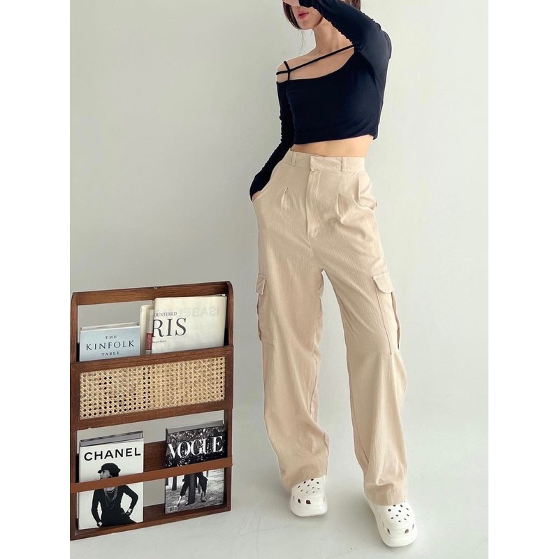 Celana Cargo Pants Highwaist Linen Kringkel Loose Pants Cargo