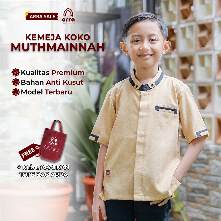 ARRA - Baju Koko Muthmainnah Fashion Muslim Anak Laki Laki Warna Coffee Mint Mustard Bahan Madina Cotton - Size XS S M L XL XXL