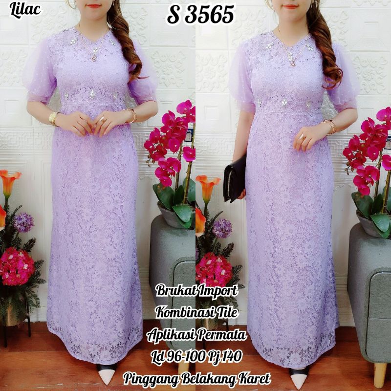3565 Longdress Brukat Mewah Permata warna Lilac