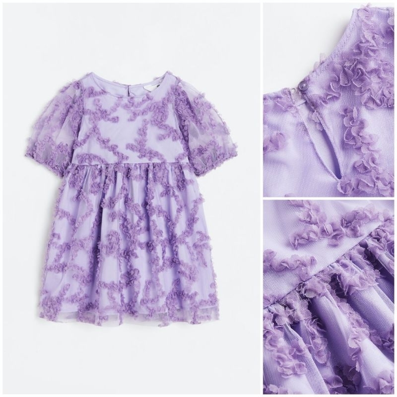 H&M Kids Sale Puff-sleeved Tulle Dress Lilac Baju Dress Pesta Brokat Tile Kondangan Anak Lilac Ungu 