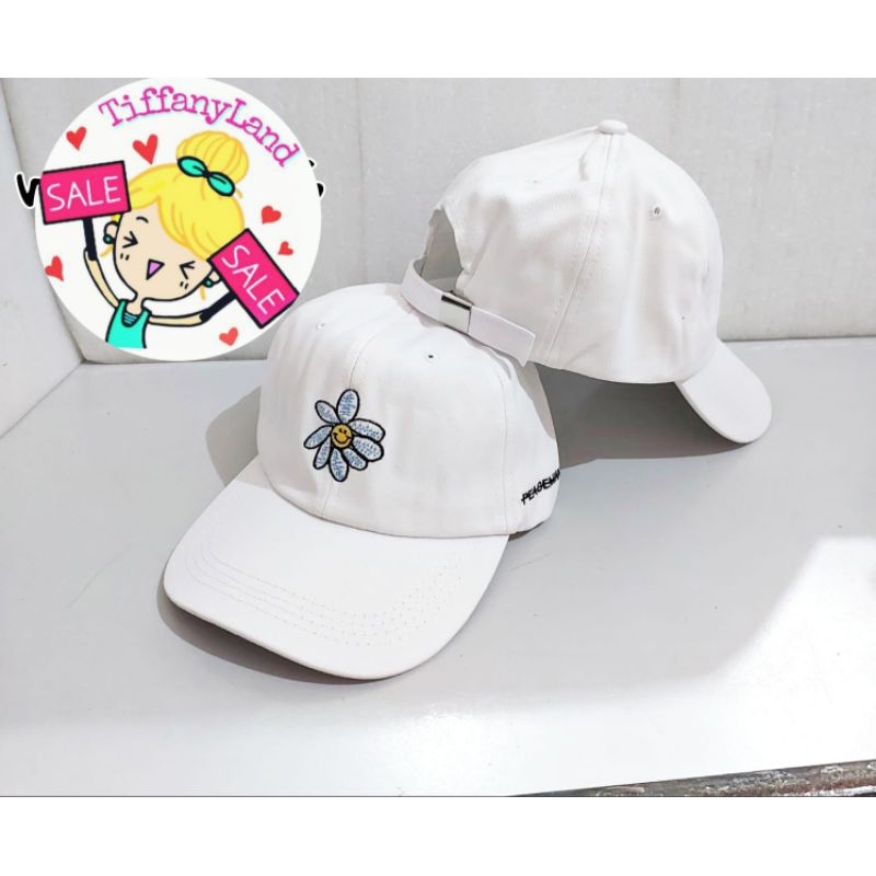 Topi fashion wanita unisex topi sport motif bunga putih