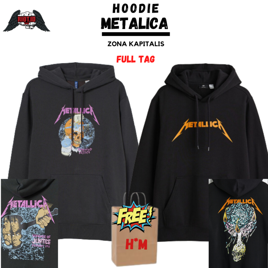 (3.3) Hoodie HM Metalica Demage Justice Hammer Hitam FREE PAPER BAG FULL TAG Jaket Sweater Crewneck 