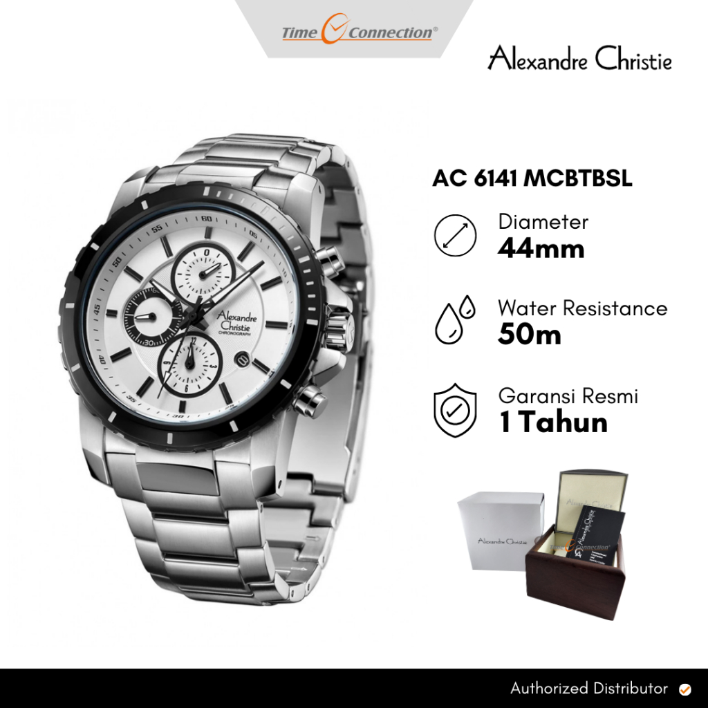 Alexandre Christie AC 6141 MCBTBSL Silver Putih Original / Jam Tangan Pria Analog Rantai Stainless S