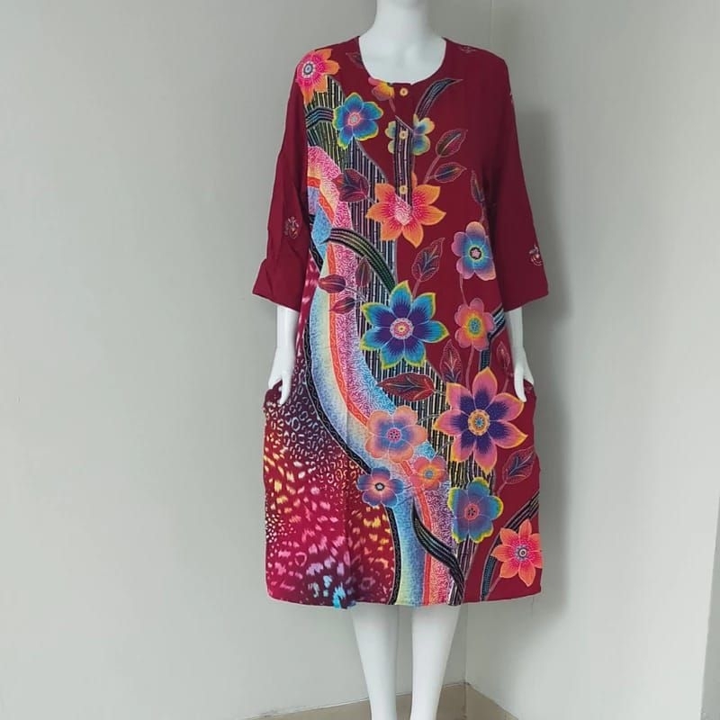 DASTER WANITA MODEL LENGAN 3/4 BATIK KENCANA UNGU LABEL BIRU ORI MOTIF BUNGA TERBARU LD 120 CM / PAK