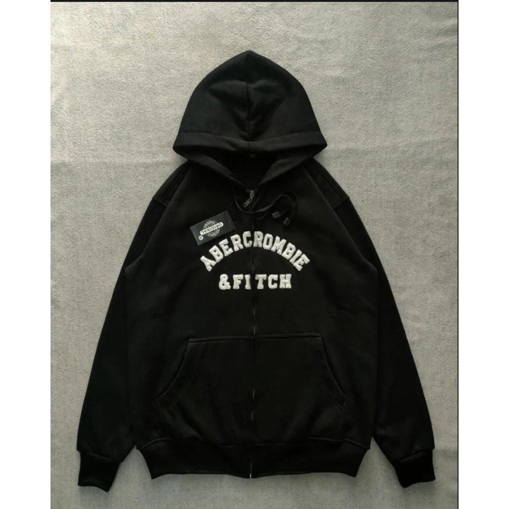 Jaket Hoodie Zipper ABERCROMBIE &FITCH Hitam Premium High Quality Distro Full Teg & Label Bahan teba