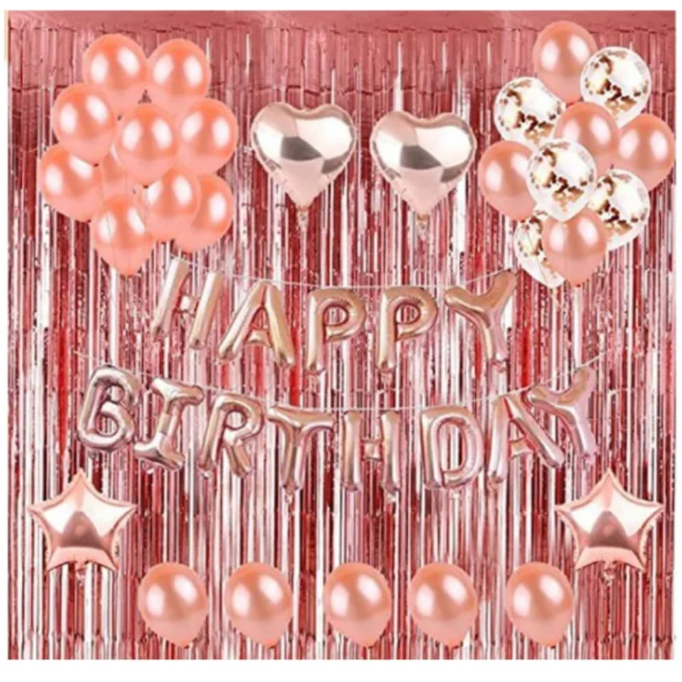 Paket 55k Dekorasi Set Pesta Ulang Tahun Anak Warna Rose Gold Balon Happy Birthday Tirai