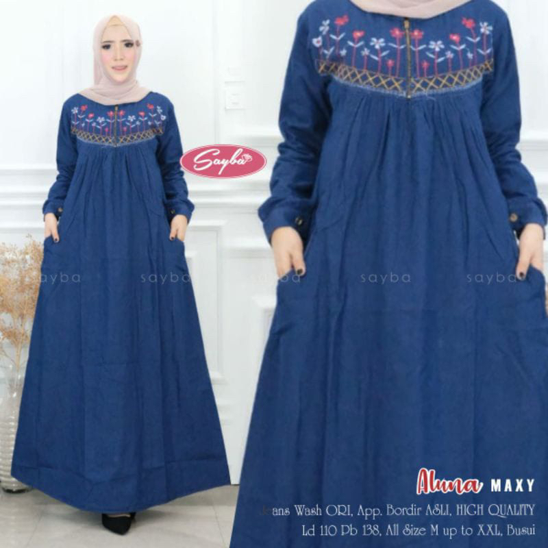 COD Baju Gamis Jeans Wanita Jumbo Terbaru/Dress Lepis Kekinian/Gamis Jeans Bordir Busui