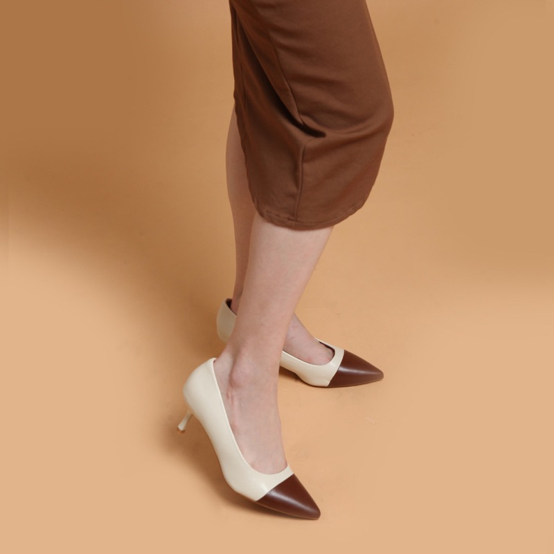 NCY Shoes AMIRA Sepatu Heels 5cm warna white brown / heels wanita formal 5cm / heels putih / heels c