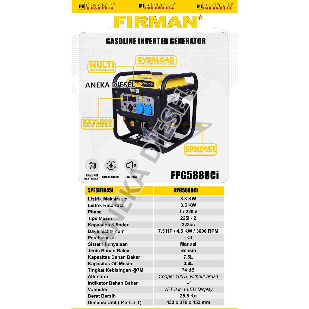 Mesin Genset 3800W FIRMAN FPG 5888Ci Gasoline Generator 3800W FPG 5888Ci FIRMAN Pembangkit Listrik