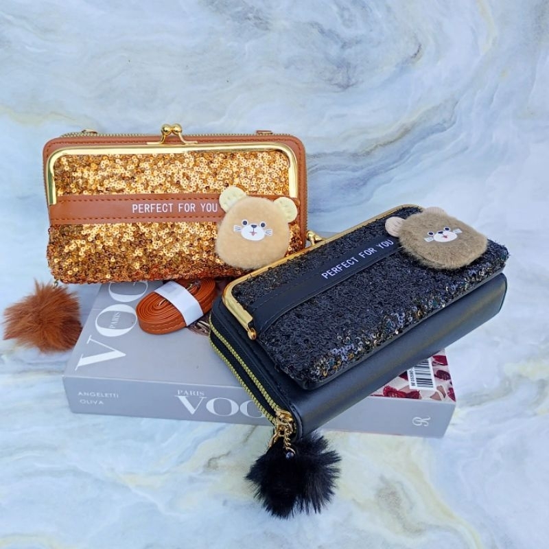 Tas hp import wanita 1 behel 2 resleting kelip boneka