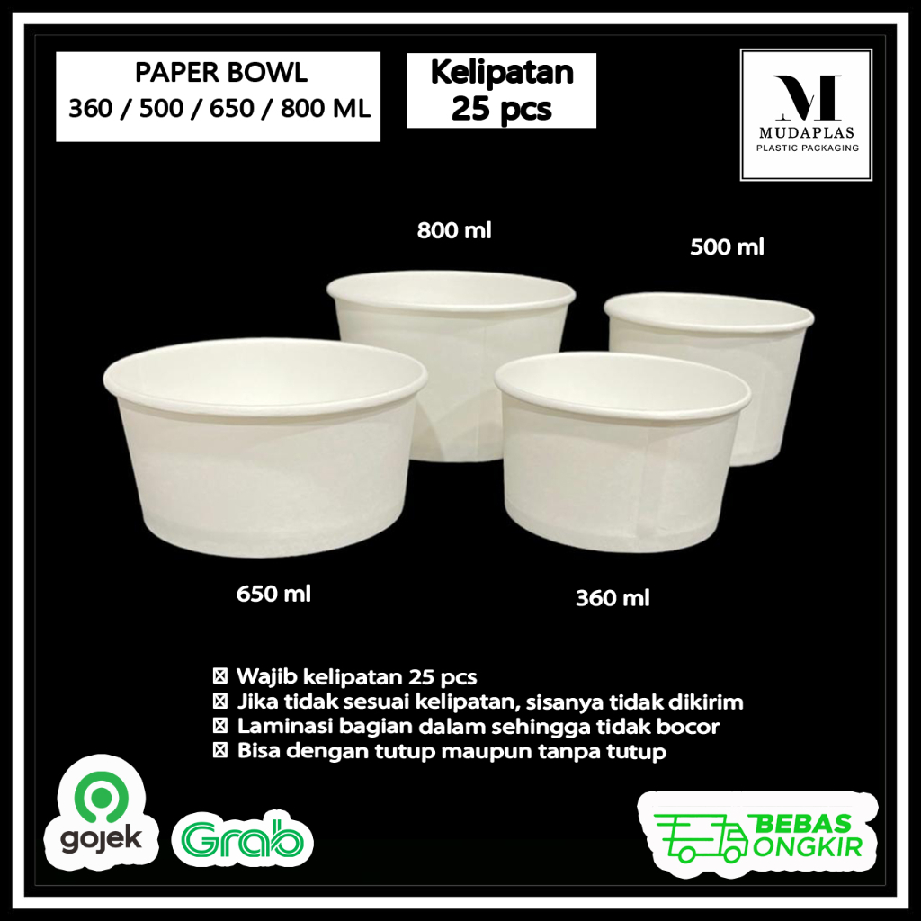 

2Xbtygneal Sakha Snack ) Paper Bowl 360 Ml 500 Ml 650 Ml 800 Ml Mangkok Kertas Putih Polos Isi 25
