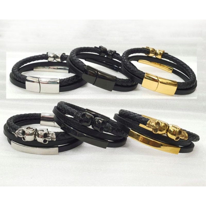Gelang Kulit Titanium Tengkorak Pria Keren