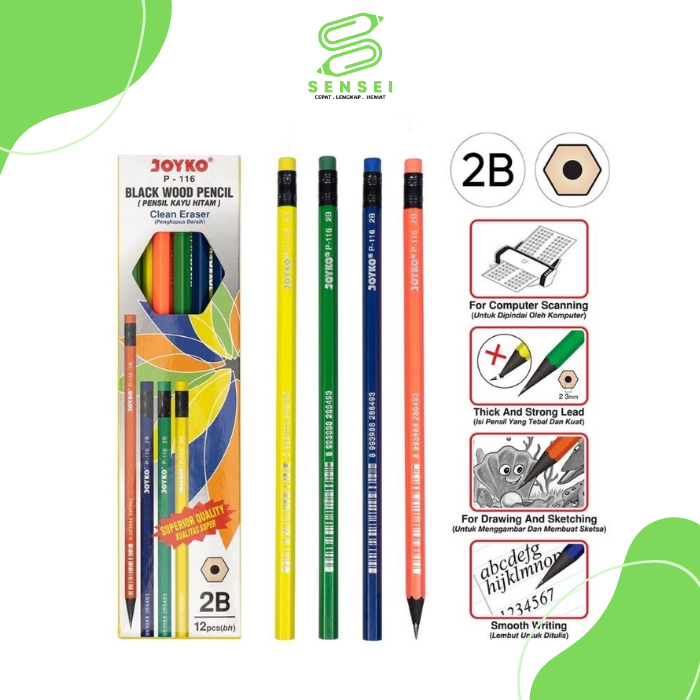 

12 Pcs Pensil Joyko P116 Kayu Hitam + Penghapus Pencil 2B