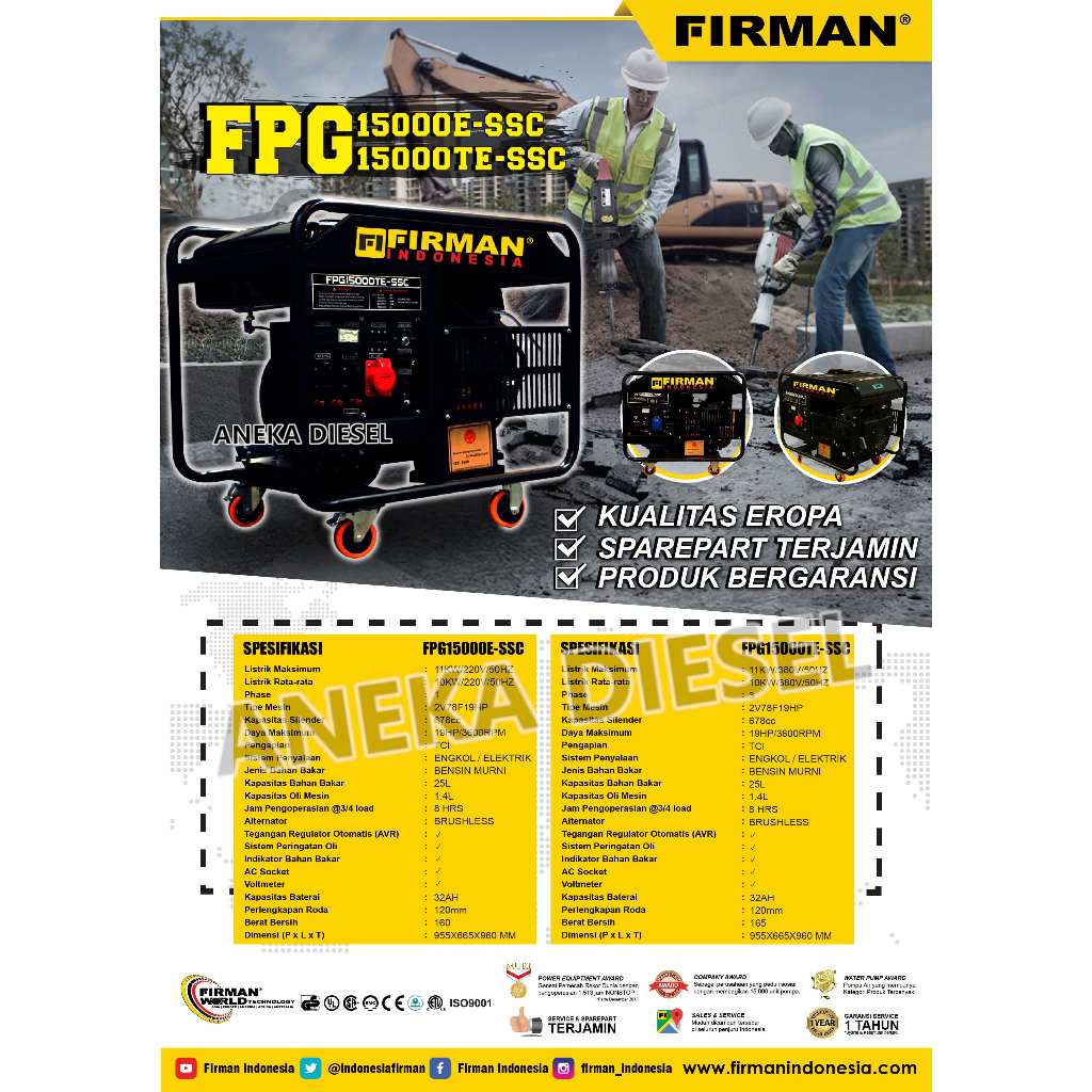 Mesin Genset Bensin 11000W FIRMAN FPG 15000E / TE - SSC Gasoline Generator 11000W FPG 15000E / TE - 