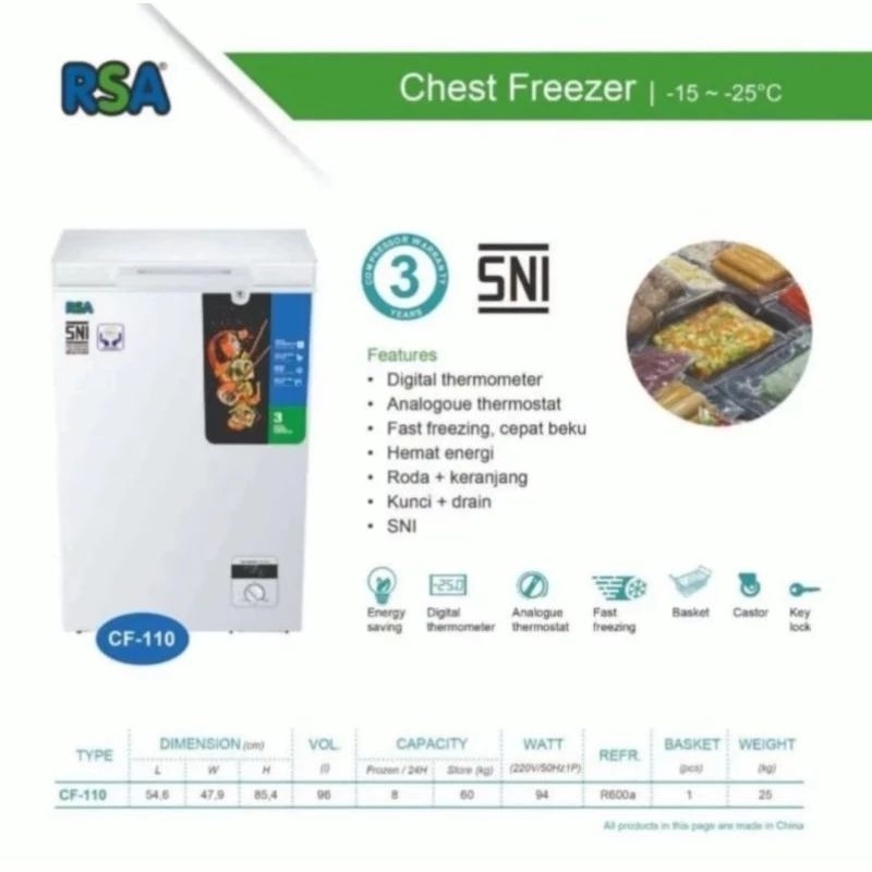Chest Freezer Box RSA 100L Freezer Rumahan RSA CF 110