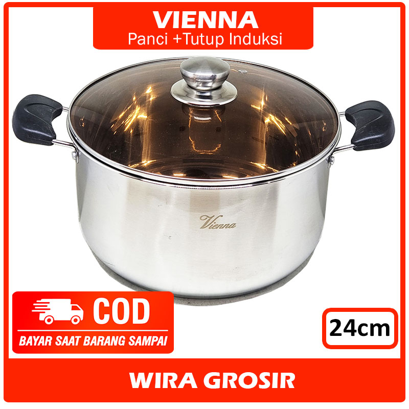 Vienna Panci Stainless Tebal +Tutup Kaca 24cm (bisa untuk kompor listrik induksi) | Casserole Sup