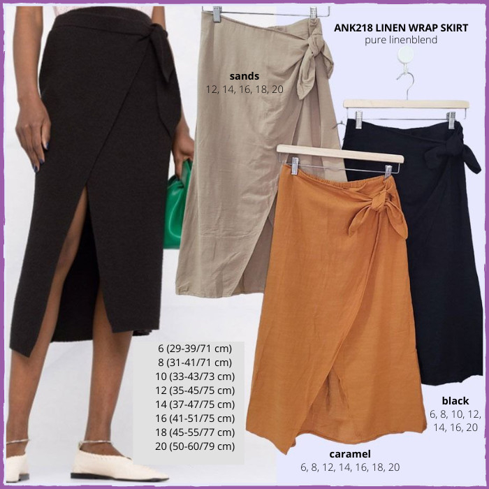 Rok Midi Wanita Murah ANKO218 Linen Wrap Skirt Black/ Caramel