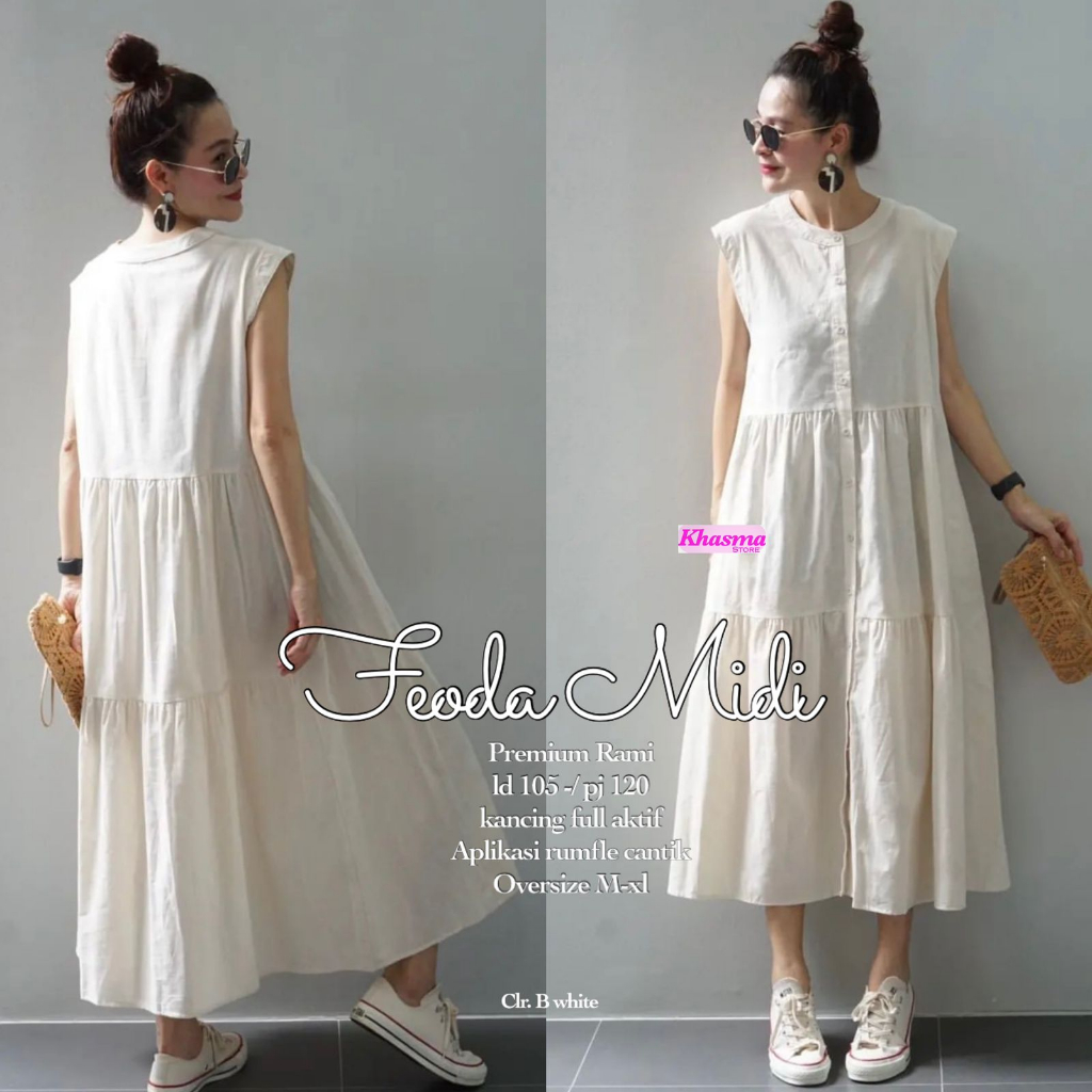 Midi dress wanita feoda polosan tanpa lengan oversize