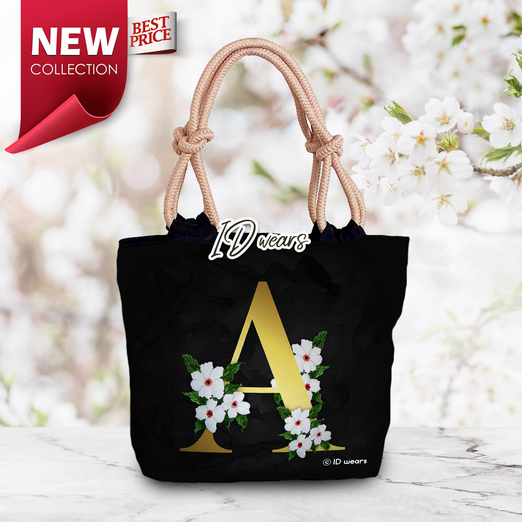 [INISIAL HURUF] Tote Bag Tali Sumbu Wanita Motif Printing Huruf Alfabet Inisial Nama - Muat Laptop, 