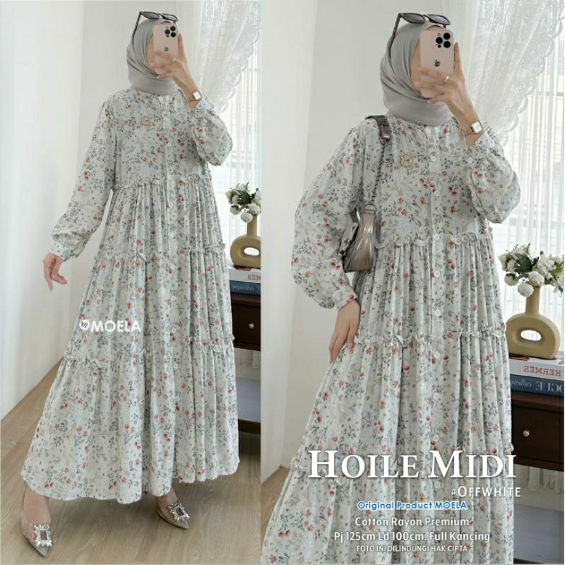 HOILE MIDI DRESS MOTIF RAYON PREMIUM ALLSIZE BUSUI FULL KANCING ORI BERLABEL MOELA