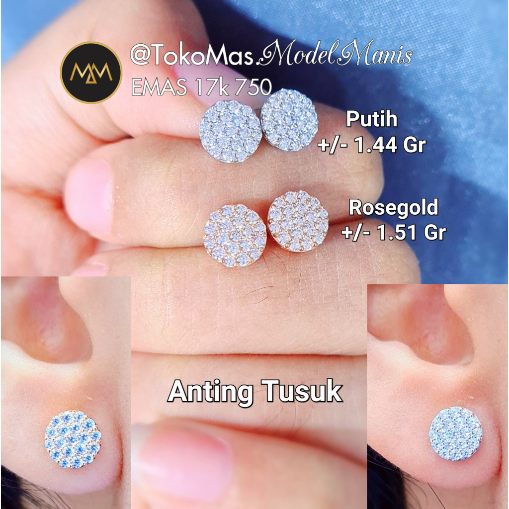 Anting Tusuk Bulat diamond looks emas putih 750 kadar 17k