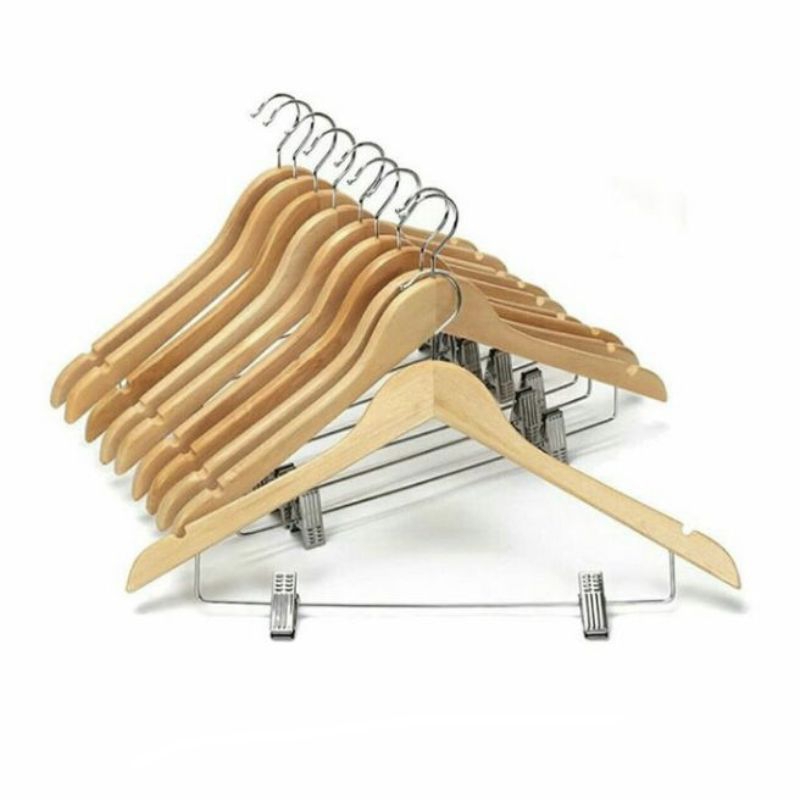 Hanger Kayu Baju Premium Natural Dewasa + Palang Jepit Besi | Hanger Kayu Baju Palang Jepit