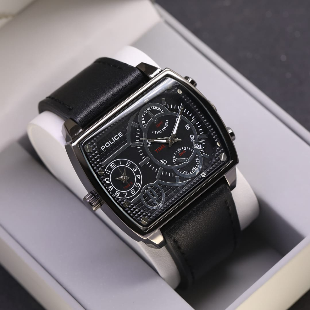 PROMO JAM TANGAN PRIA POLICE 8551LS DOUBLE TIME TALI KULIT FREE BOX