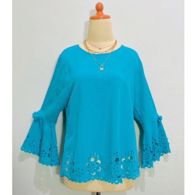 Atasan blouse blus wanita tunik vintage lengan balon pita kerah mote berlian payet bahan polyester m