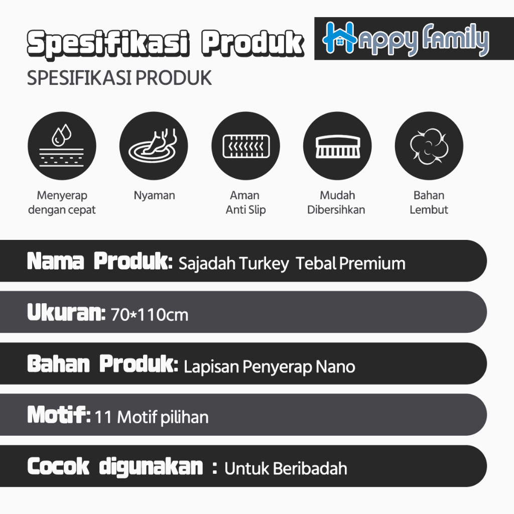 Happy Family Sajadah Turki Anti Slip Super Premium UK 70*110cm / Sajadah Sholat Bulu Motif Premium Import-1