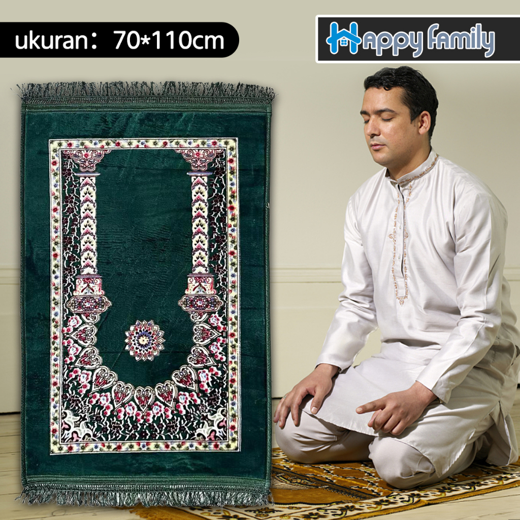 Happy Family Sajadah Turki Anti Slip Super Premium UK 70*110cm / Sajadah Sholat Bulu Motif Premium Import-Hijau 6606-3