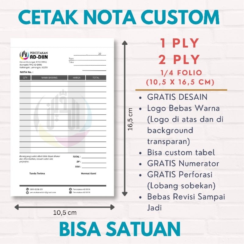 

Cetak Nota Custom 1 Ply / 2 Ply ( 2 lapis Tembus) 1/4 Folio Bisa Satuan