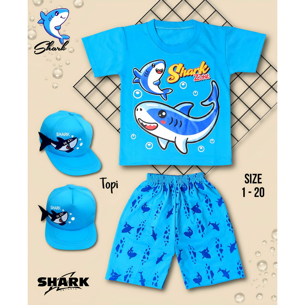 SETELAN SHARK ZONE BIRU ORIGINAL ANAK LAKI LAKI PEREMPUAN GRATIS TOPI | BAJU SHARK ANAK LAKI LAKI OR