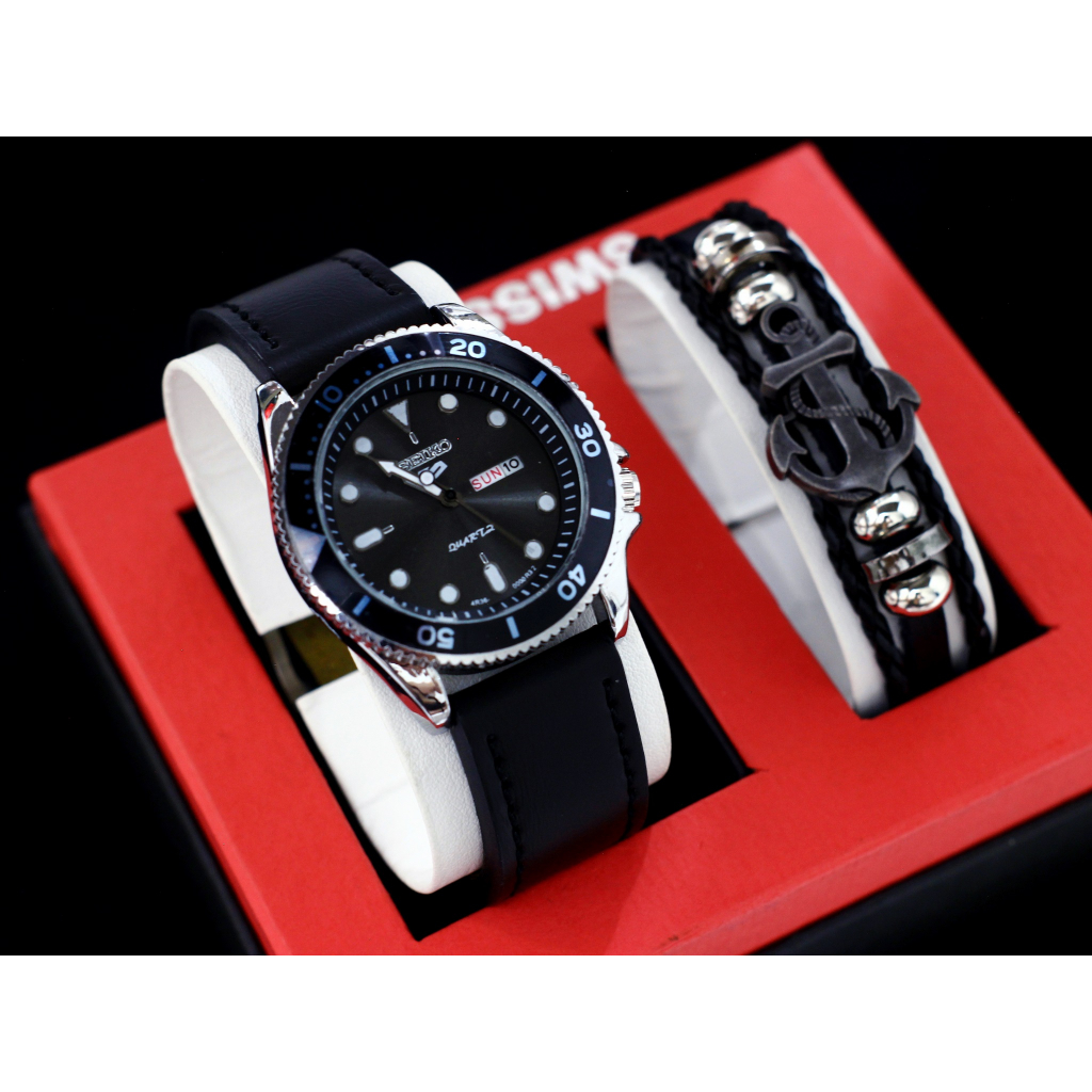Jam Tangan Pria Seiko Tanggal Hari Model Terlaris Bahan Kulit Free Gelang Kulit