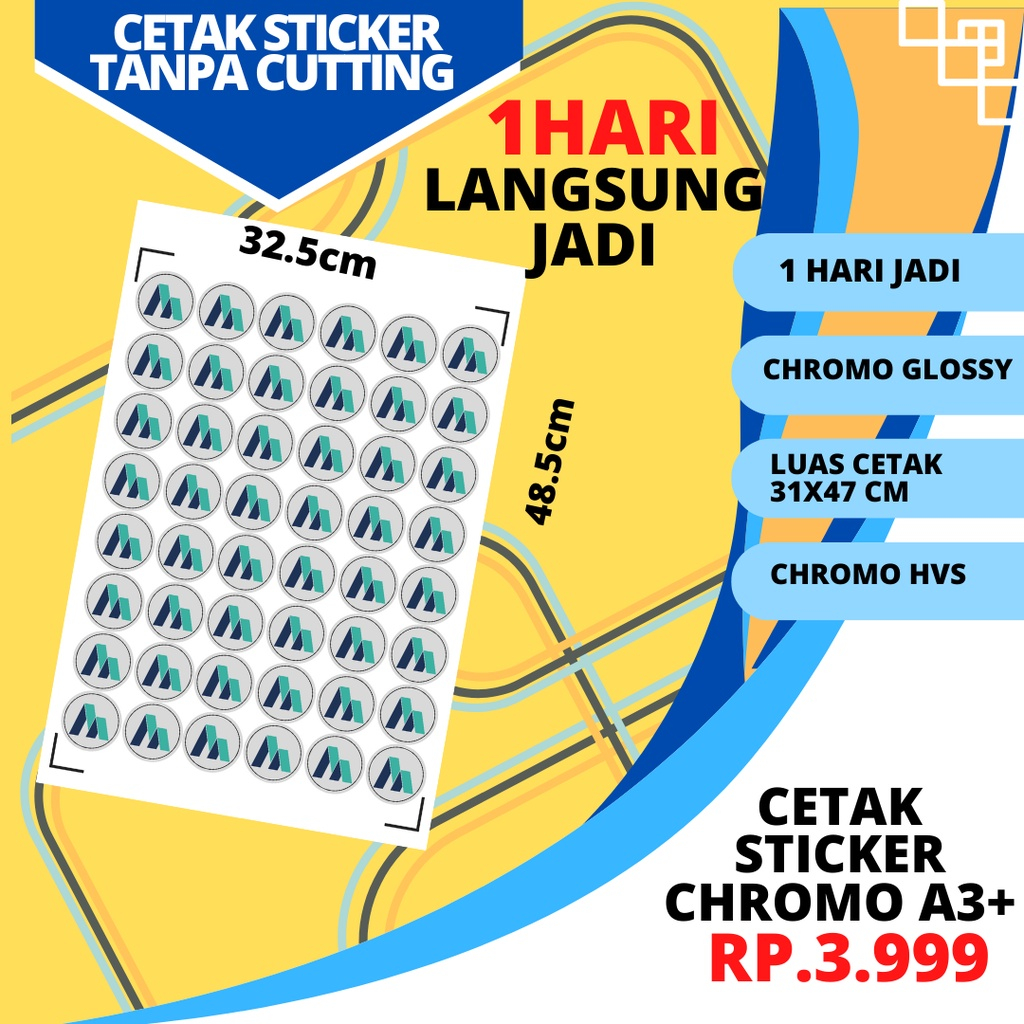 

CETAK STICKER CHROMO A3+ STICKER LABEL KEMASAN (TANPA CUTTING) BISA SATUAN 1 HARI JADI