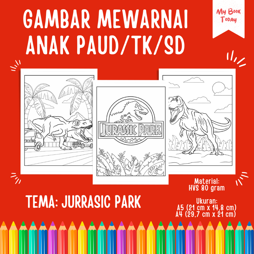 

[My Book Today] Lembar Kertas Sketsa Gambar Mewarnai untuk Anak Sekolah PAUD TK SD Tema Jurrasic Park