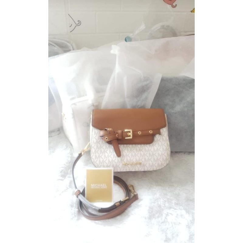 mk emilia small saddle flap crossbody bag sign vanilla n
