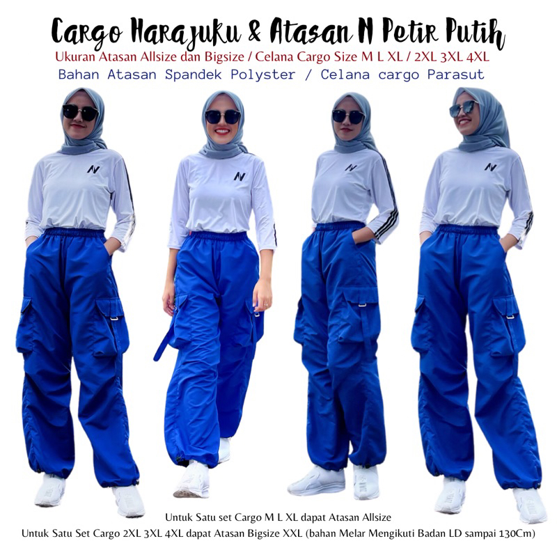 Mix Match Cargo Harajuku Biru Bahan Parasut dan Atasan N Petir Putih lis Hitam Spandek Olahraga Zmb 