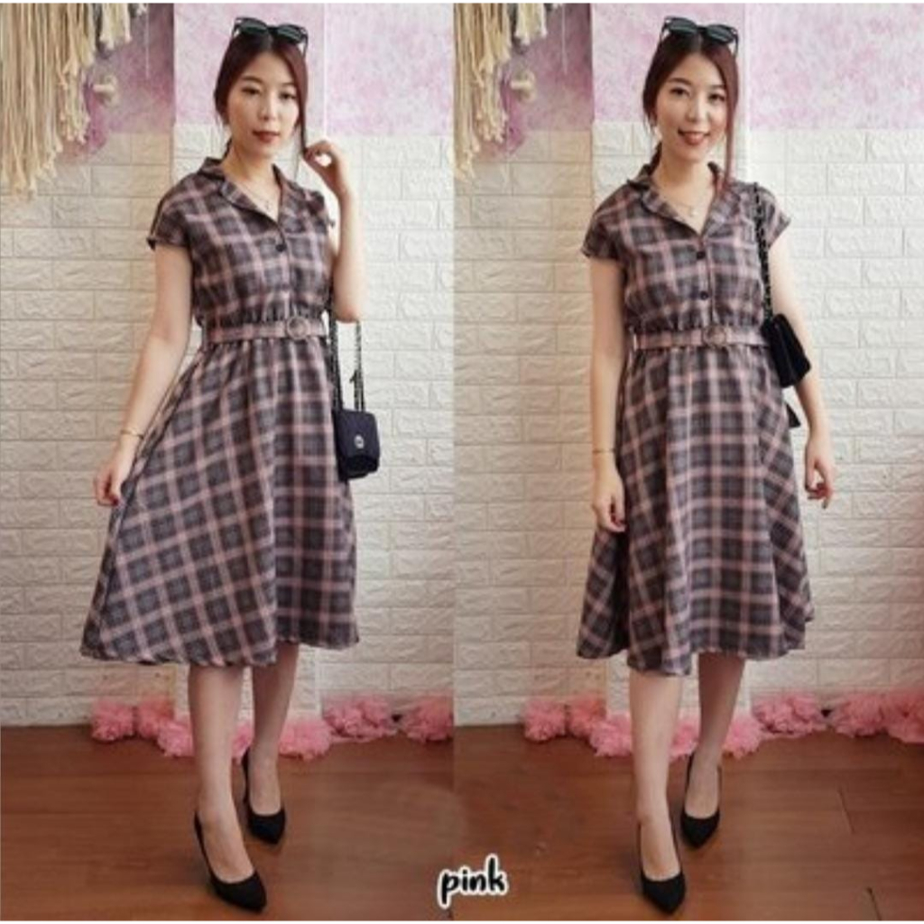 Belt Casual Mini Midi Dress Kemeja Kotak Wanita Korea Import