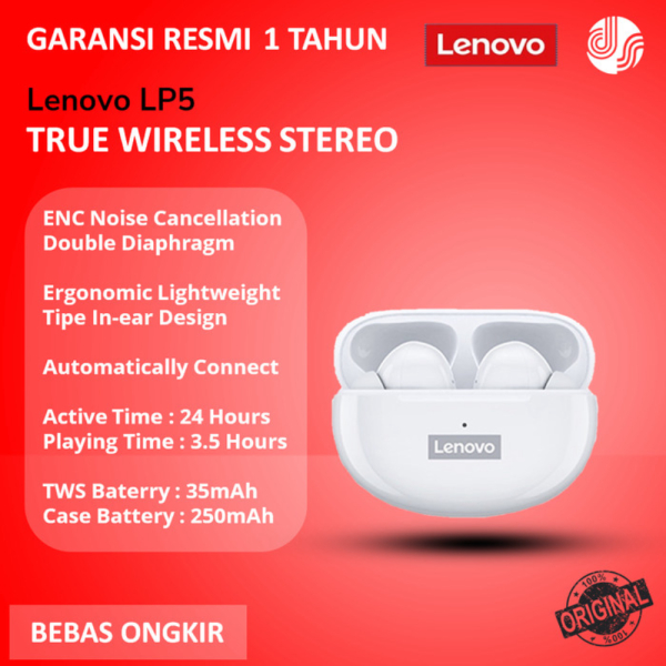Jual Lenovo LP5 True Wireless Bluetooth Earphone TWS Noise Canceling - Putih Diskon