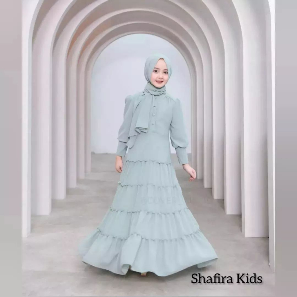 gamis Shafira Kids + Phasmina dress anak usia 9 10 11 12 tahun bahan Ceruty babydoll full furing Bus