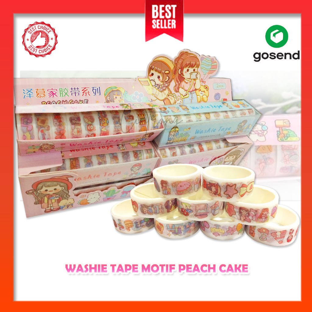 

Washie Tape 1 Set isi 10 Roll Washi Tape Deco Masking Tape Lucu Tape Motif Peach Cake