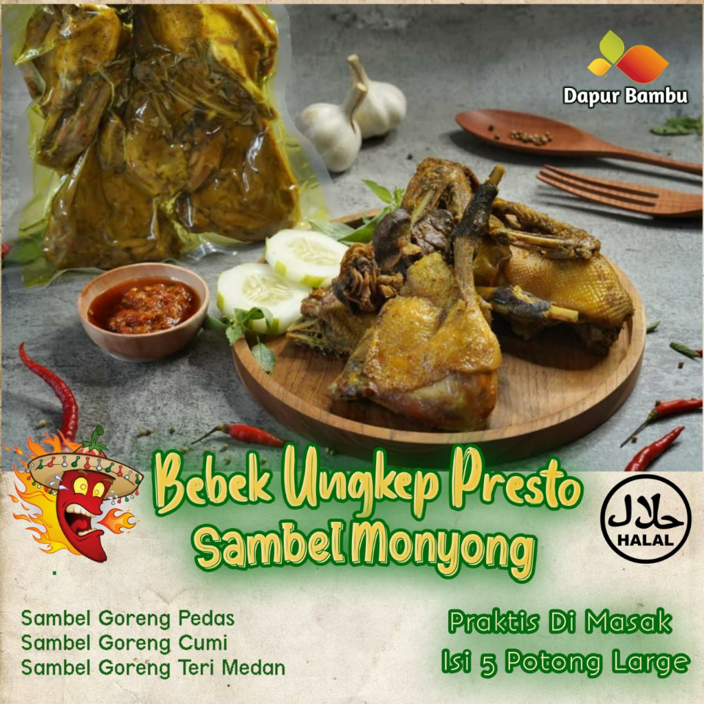 

Bebek Ungkep Sambel Monyong isi 5 Potong 1 kg / Bebek Ungkep Presto Sambel Monyong / Dapur Bambu / Bebek