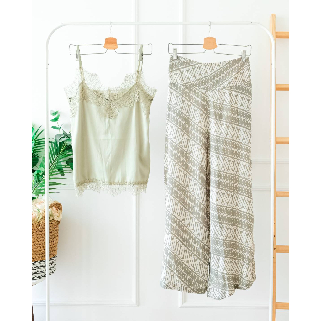 TANK TOP SET BATIK CAMISOLE HIJAU MODERN KAMISOL SETELAN SAGE GREEN BATIK PASTEL WANITA OLIVE TANK T