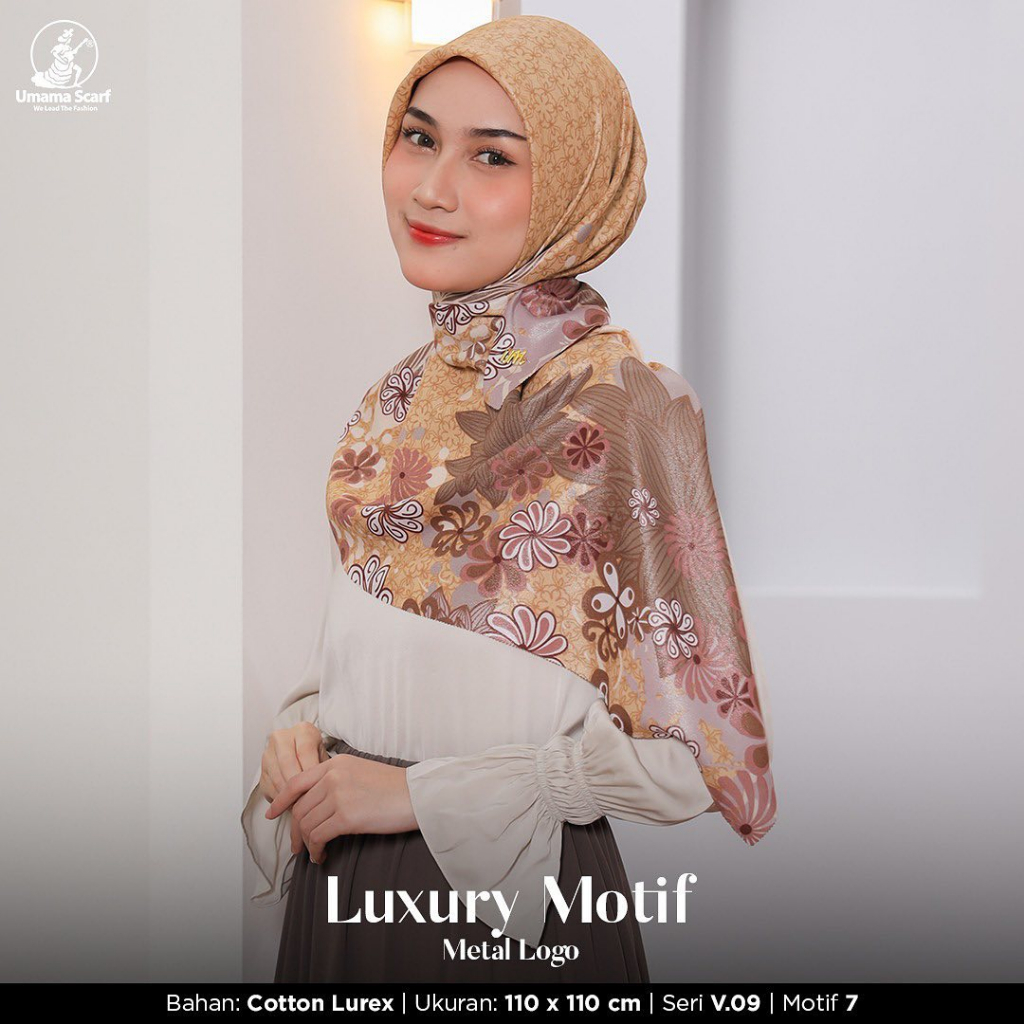 UMAMA LUXURY METAL LOGO PRINT LC MOTIF Scarf Hijab Pesta Laser Cut Segiempat Square Glosy Glowing Gl