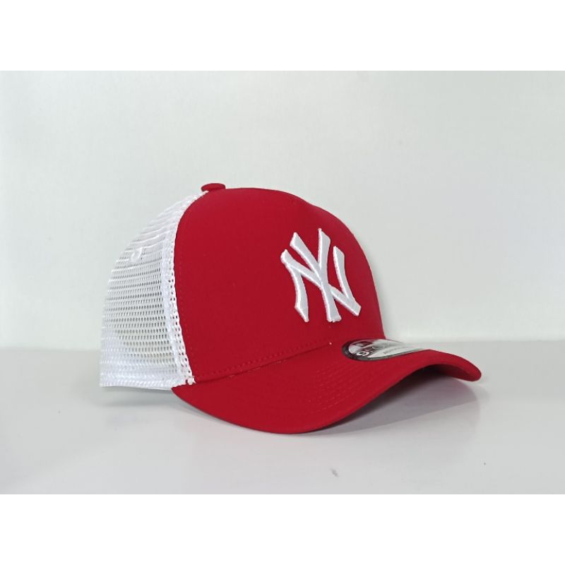 NY Putih Bahan Merah Trucker Putih Topi Premium