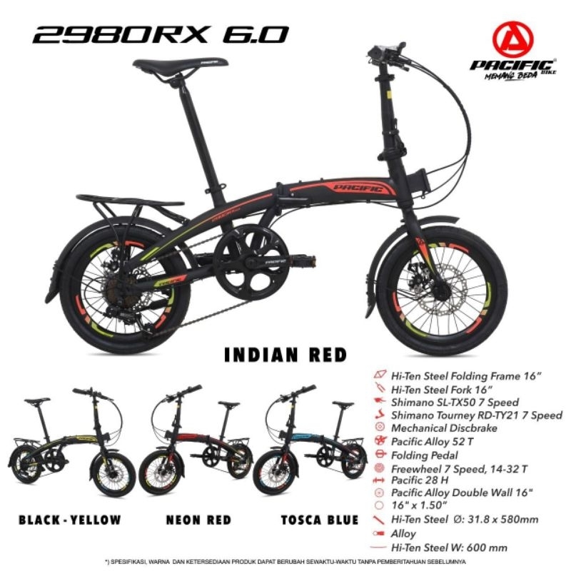 Sepeda Lipat Ukuran 16 Pacific 2980 RX 6.0 Bagasi 7 Speed Murah / Folding Bike Ukuran 16 Pacific 298