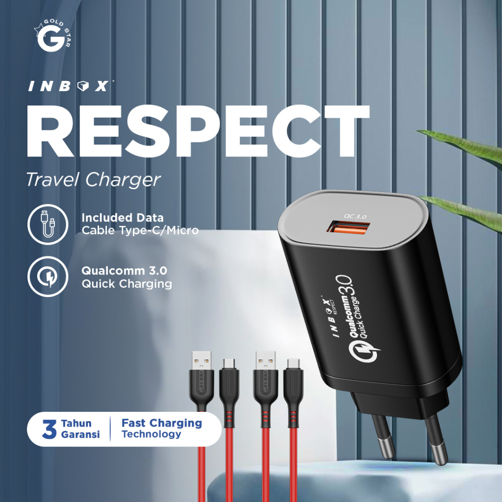 INBOX RESPECT Adaptor Travel Charger QC 3.0 Fast Charging 3.1A Adapter Free Kabel Data Type C