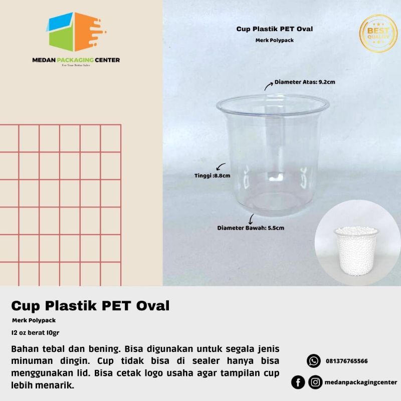 Cup Plastik PET Oval 12oz / Cup minuman / Gelas plastik 50pcs dengan tutup strawless